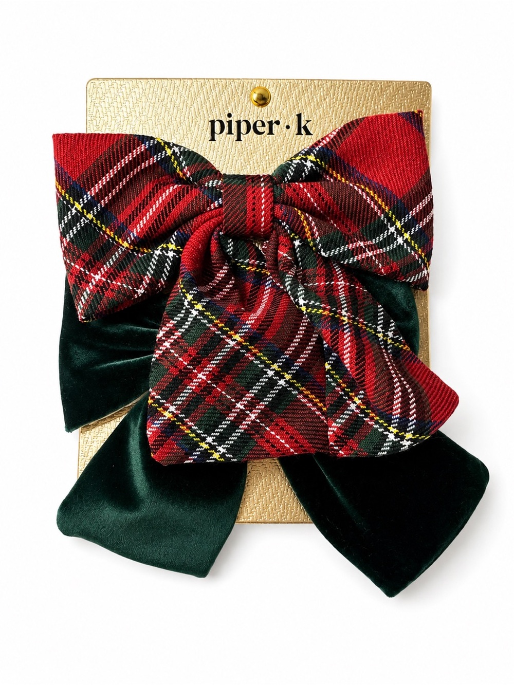 Piper K Holiday Tartan Hair Bow Red Plaid Green Velvet Barrette Preppy Classic